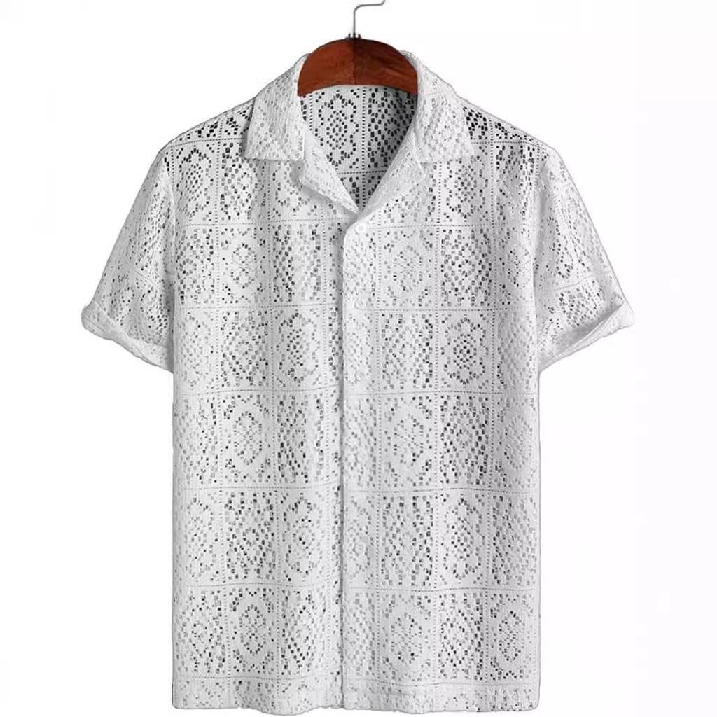Men's Mesh Hollow-Out Short Sleeve Casual Button Shirt - Summer See-Through Twist Design
