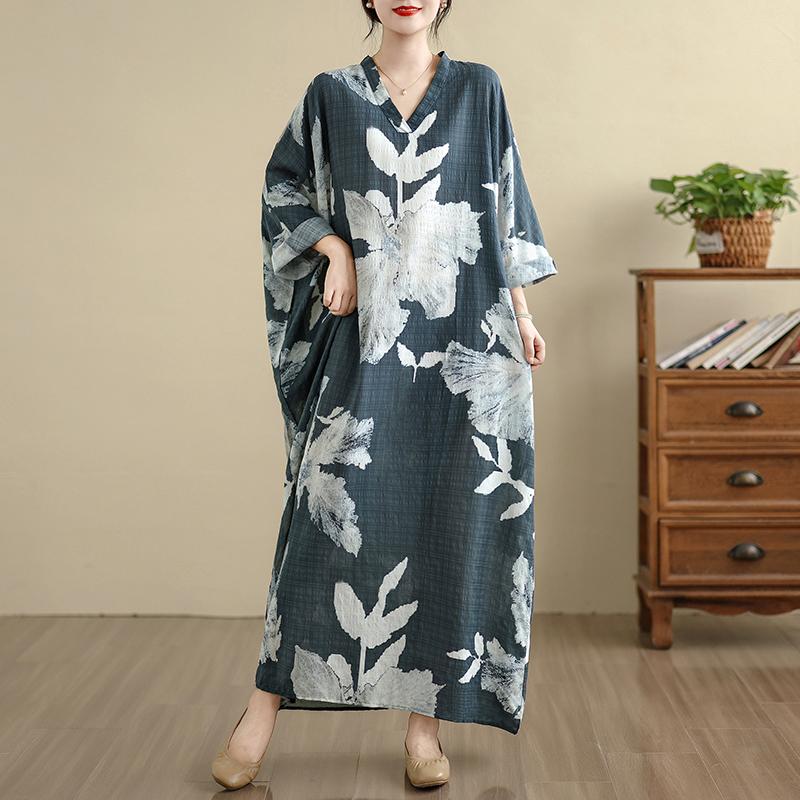 DIMANAF 2025 Women Plus Size Spring Long Dress Loose V-Neck Printing Vintage Casual Floral Oversize Long Sleeve 5060
