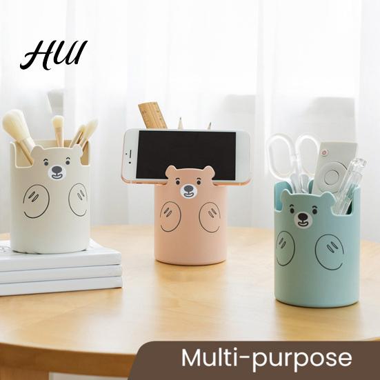 Study Table Pen Holder Cute Bear 2-in-1 & Phone Stand, Macaron Colors Desk Organizer, Large Organizer Capacity Storage for Pens Makeup Brushes
