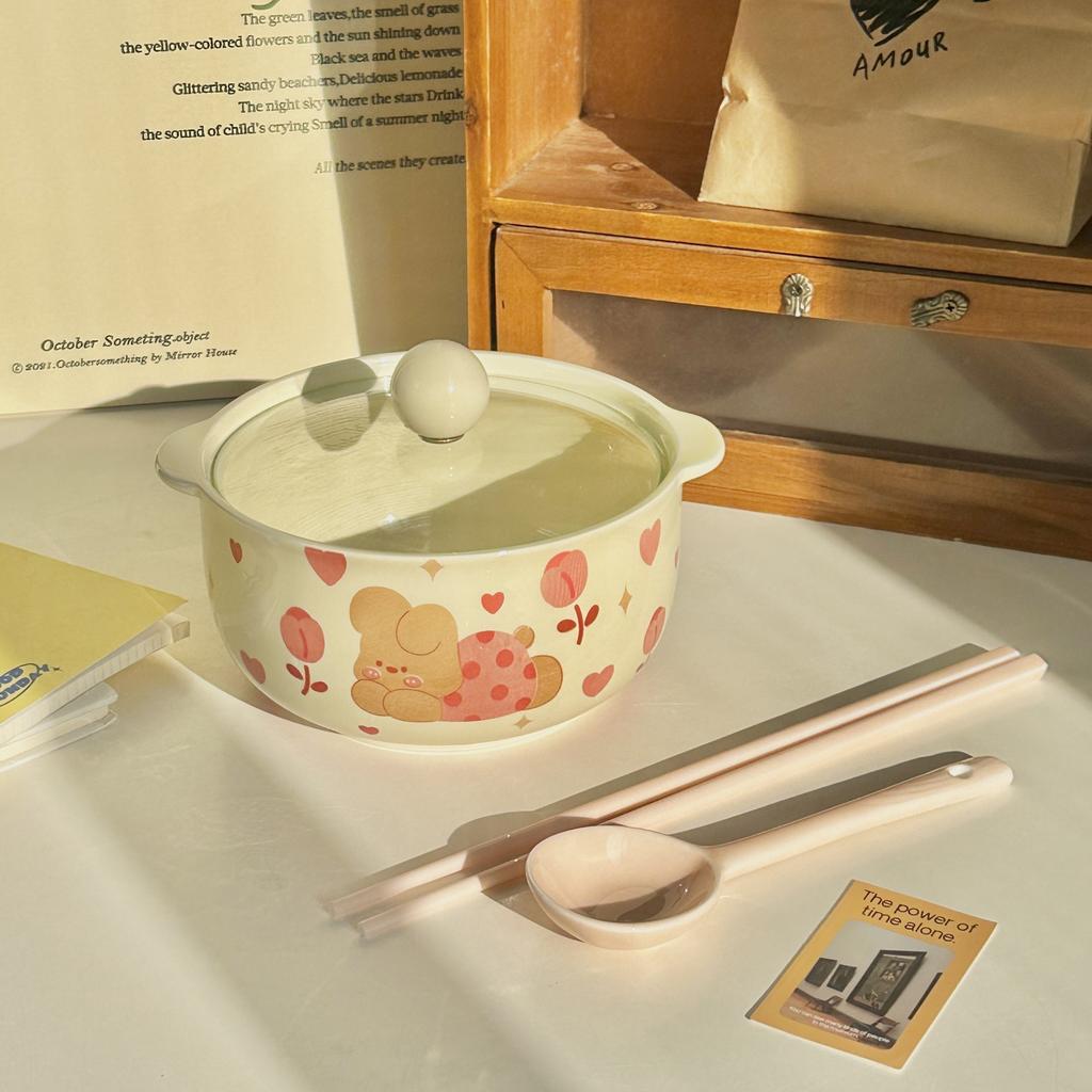 Ins Wind Cute Binaural Instant Noodle Bowl with Lid Household New Noodle Bowl Cream Wind Ceramic Snail Powder Bowl