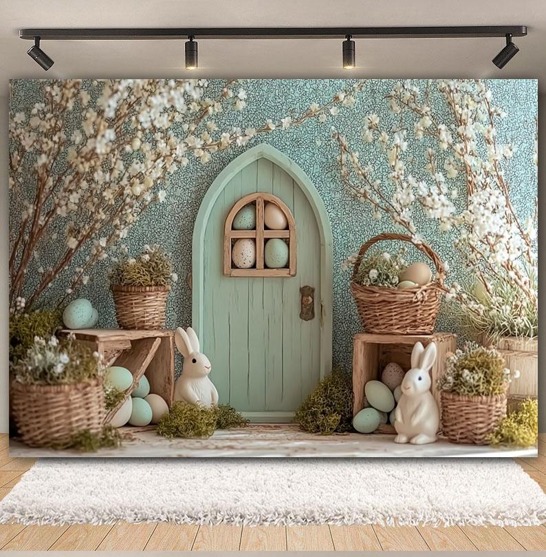 Spring Easter Photography Background Wood House Rabbit Eggs White Flower Kid Birthday Portrait Family Party Decor Photo Backdrop
