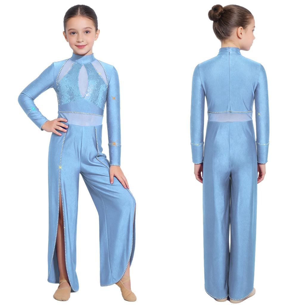 Kids Stage Performance Leotard Mock Neck Long Sleeve Sequins Rhinestone Mesh Patchwork Back Zip Split Wide Leg Jumpsuit for Lyrical Dance