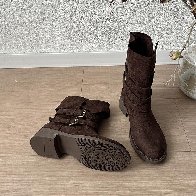Belt buckle two wear lapel stack boots women's autumn and winter new thick heel Martin boots western cowboy locomotive short boots