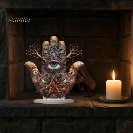 Ornement Art Acrylique Imperméable Main de Fatima, Ornement Hamsa Plat 2D avec Base Décorative Esthétique Ambiance Café, Pièce Maîtresse Exotique Mystérieuse