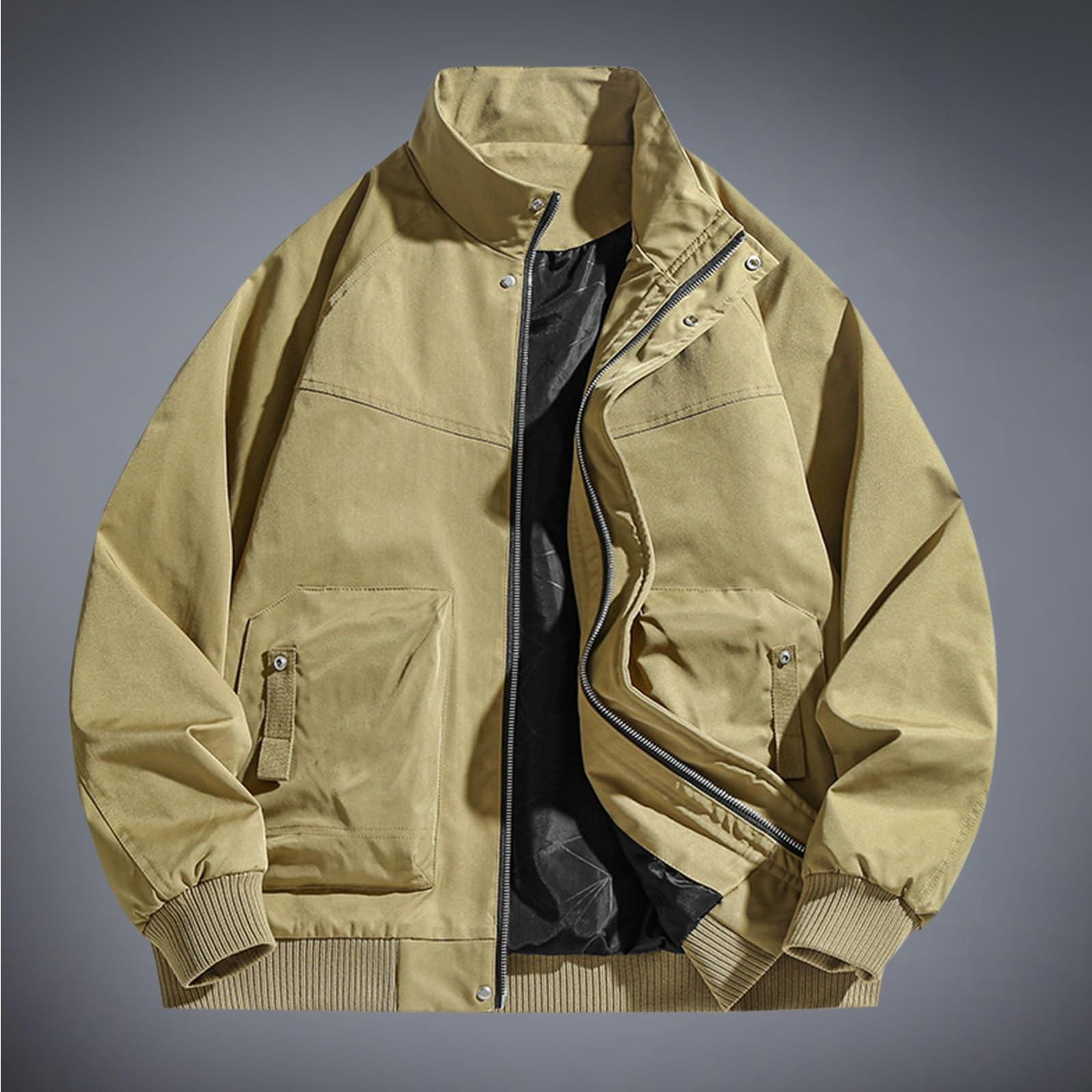 

Мужская повседневная уличная куртка модного фасона однотонной расцветки с карманами XXL хаки