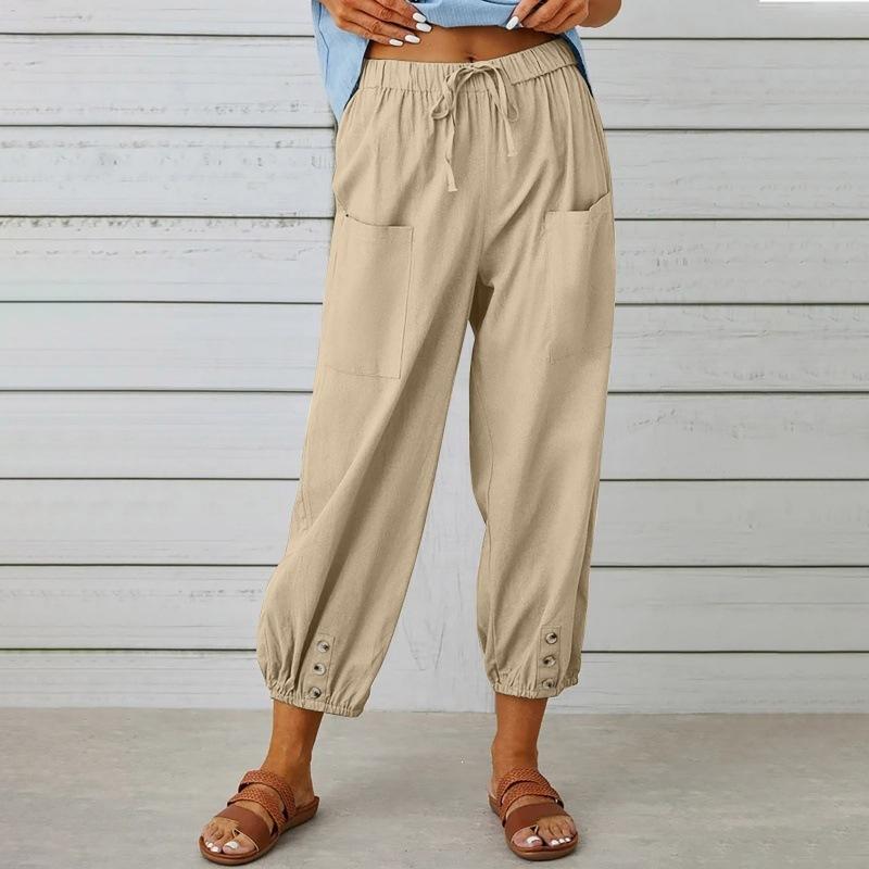 Women's High Waist Linen Pants Loose Fit Cropped Trousers Solid Drawstring Button Casual Fall Harem Pants
