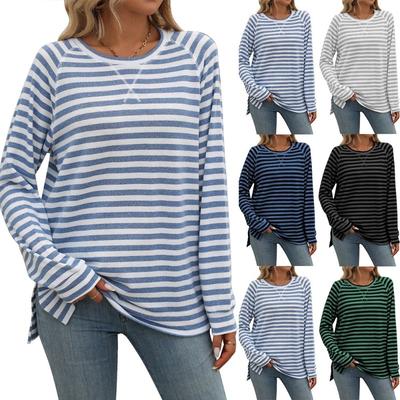 Jesienno-zimowy T-shirt z długim rękawem w paski z kontrastowym okrągłym dekoltem dla kobiet