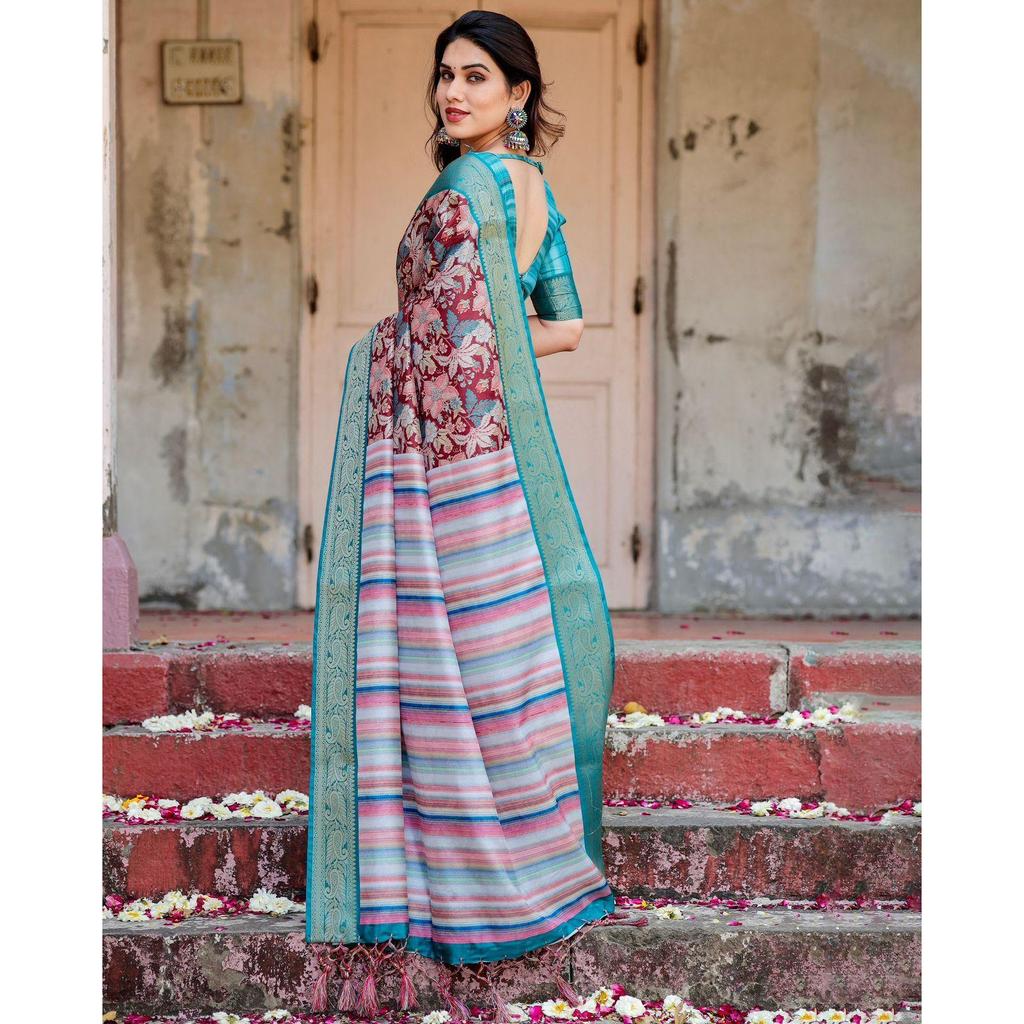 Pure Silk Digital Printed Saree, Exuding Regal Charm With Its Rich Pallu And Intricate