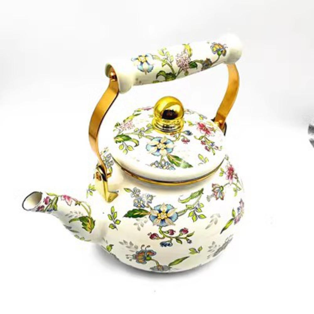 Thickened Chinese Style Enamel Teapot 2.5L Floral Enameled Tea Jug Pear-shaped Antiscald Handle Coffee Pot Gas Induction Cooker