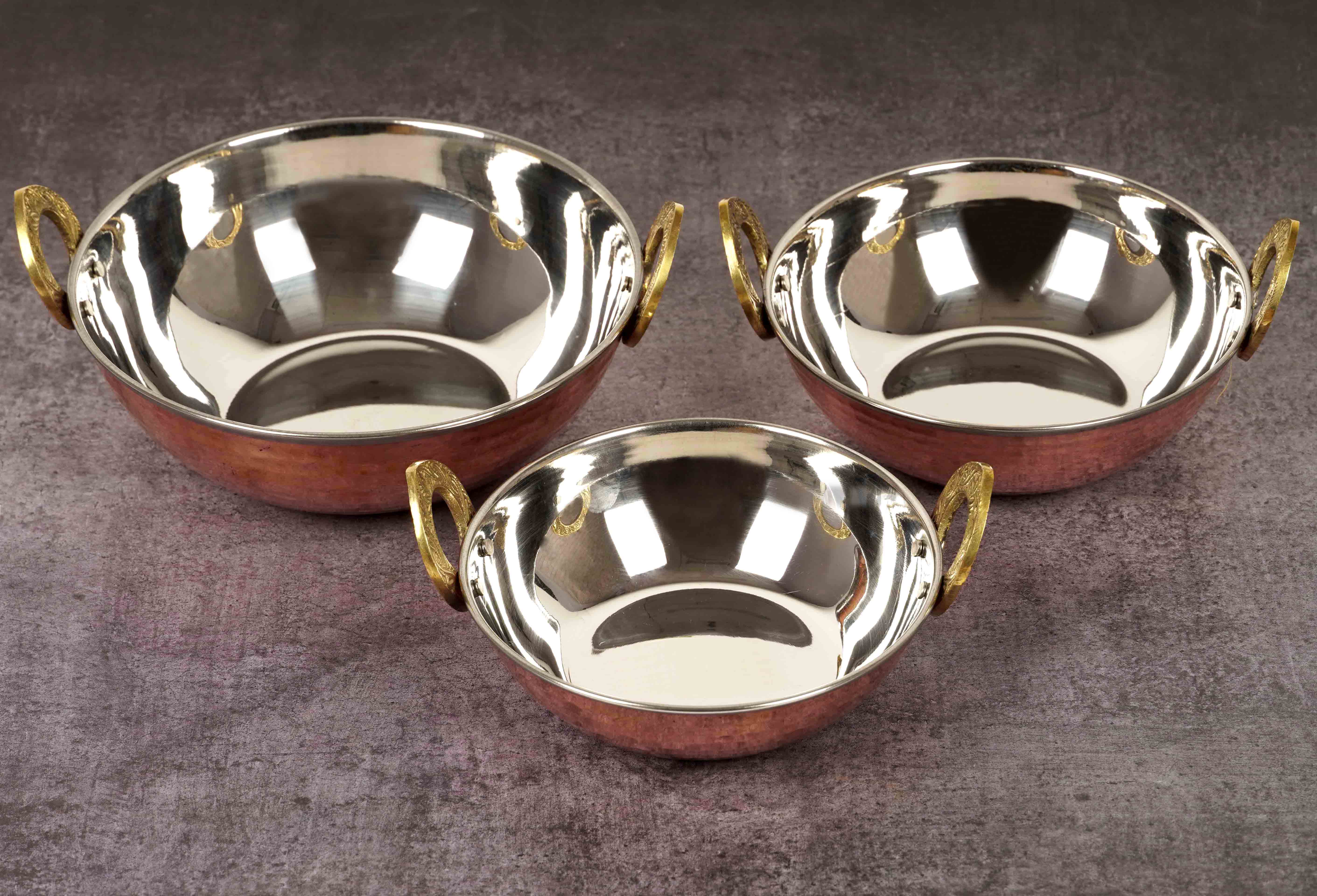 

Trifri Stainless Steel Copper Kadai W/ Handle Authentic Indian Serving Bowl Hammered Design Set Of 3 Vegetable Dinner Serving Bowl Karahi 2.5 X5.5 мідний