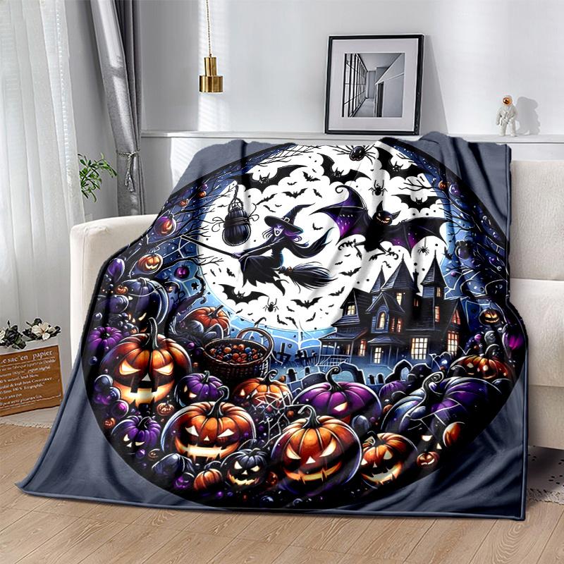 1 szt. Koc Halloweenowy Nietoperz Wiedźma Dynia Miękki Koc do Dekoracji Pokoju, Idealny Pomysł na Prezent, Salon, Podróż, Kemping, Kocy Samochodowe