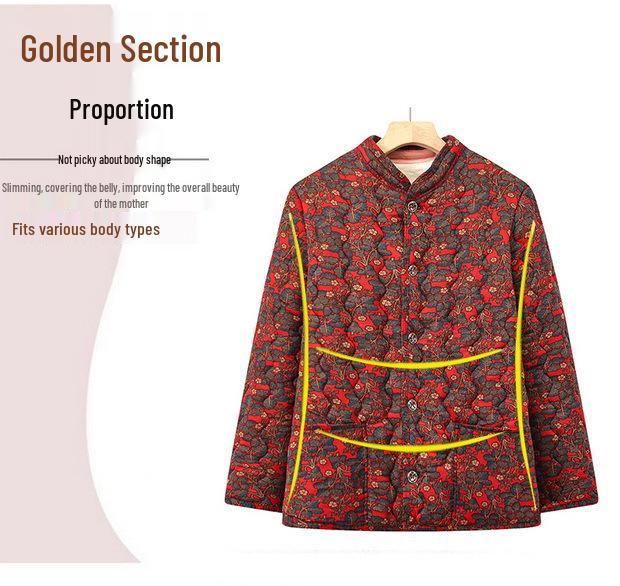 Floral Velvet-Lined Winter Cotton Jacket for Middle-Aged & Elderly