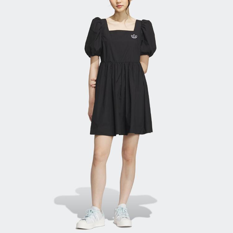 Adidas Originals X Monkey Kingdom Co-Branded Woven Dress with Lantern Short Sleeves and Sporting Square Neckline Women Dress Black IP1771