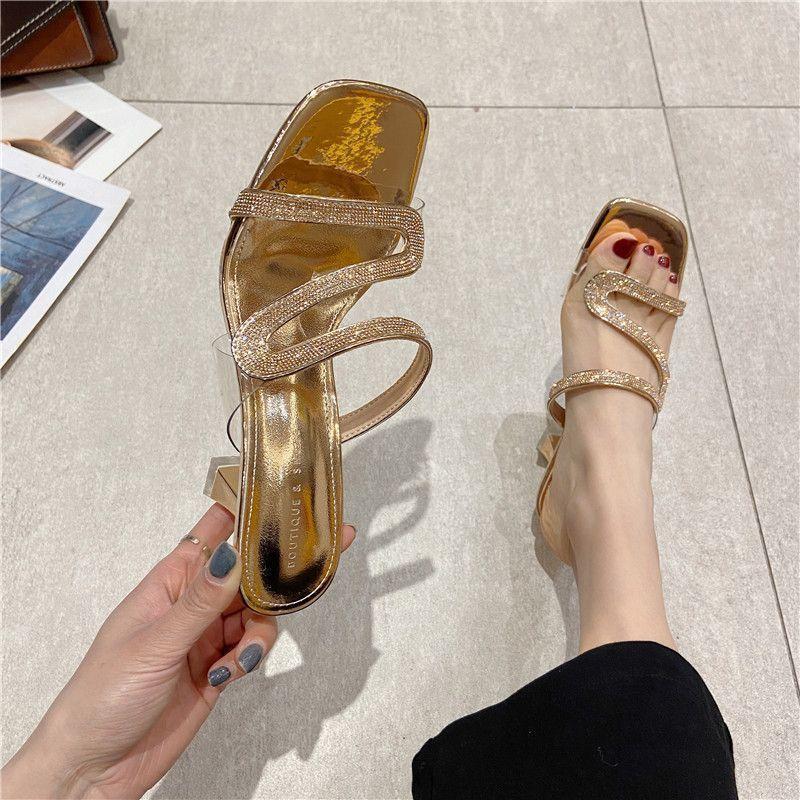 Fashion Water Diamond Slippers for Women Summer New Fashion Thin Heeled Slides Transparent Fashion Comfort High Heel Shoes Plus Size 42