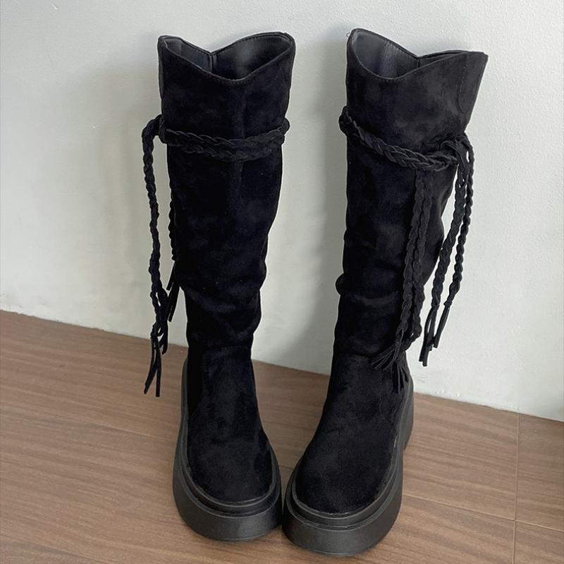 Winter Platform Tassel Women Western Cowboy Elegant Slip on Thick Sole Knight Long Botas De Mujer for Adult Women