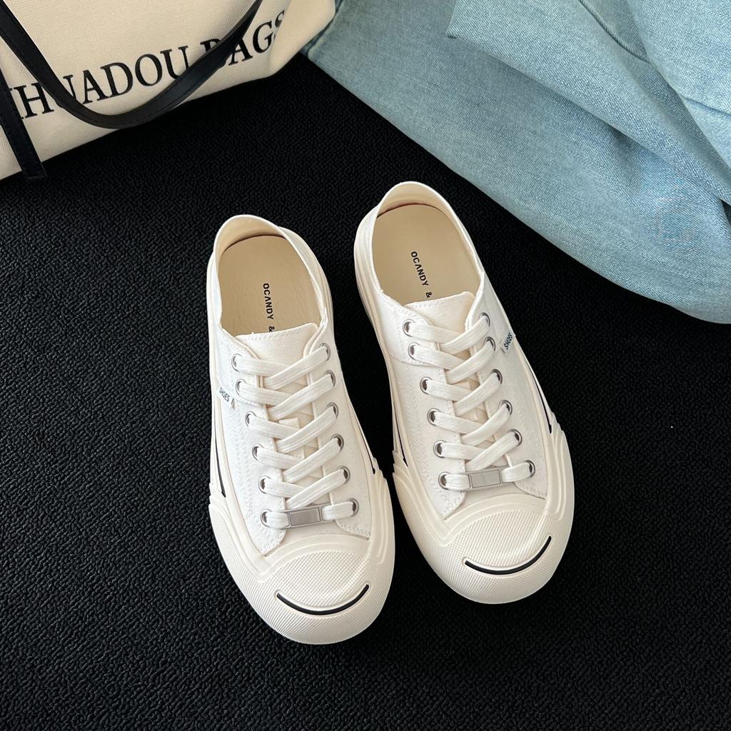 Broken Code Picking Up Leaks [a Pair of Dual-purpose] Thick-soled Lace-up Open Smile Canvas Shoes Women's 2025 New Versatile Little White Shoes
