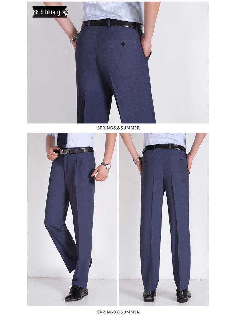 Men's Summer Mulberry Silk Dress Pants: Double Pleated, Loose Fit, Straight Leg, High Waist, Deep Crotch.