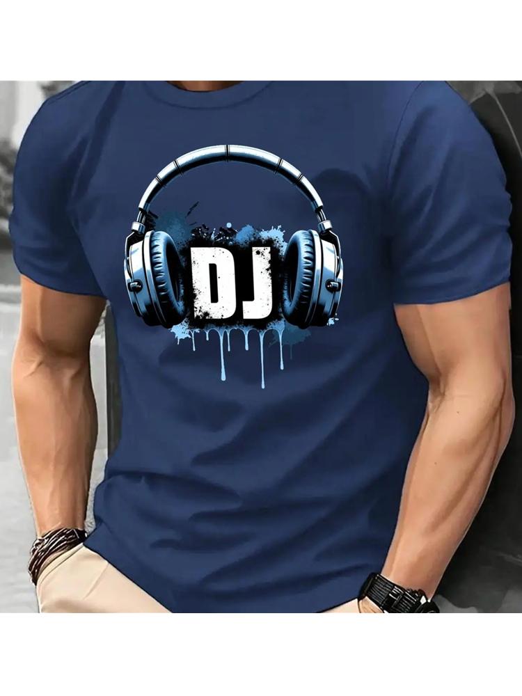 Mens DJ headphone pattern Tshirt slightly elastic knitted casual summer Tshirt breathable cotton mens wear