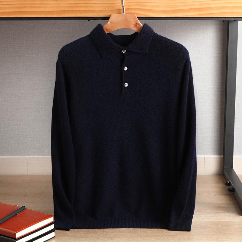Men's Knitted Pure Wool Polo Shirt - Long-Sleeve Turn-Down Collar for Business Casual Wear