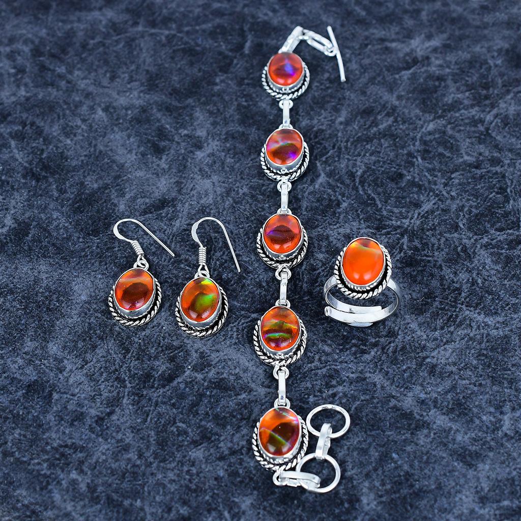 Orange Triplet Opal Gemstone Handmade 925 Sterling Silver Jewelry Set M-3195