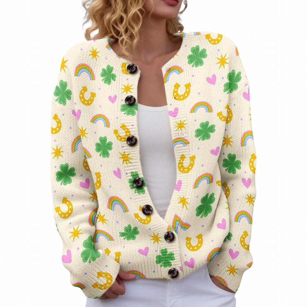 Saint Patrick Round Neck Knit Cardigan - Casual European and American Style Sweater