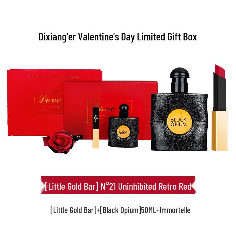 Qixi Valentine's Perfume & Lipstick Set: Rose, Black Opium, Libre - Gift for Girlfriend or Bestie