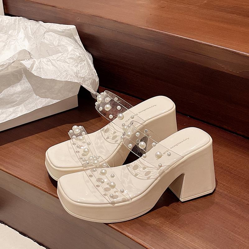 

Cool slippers women s summer outer wear summer new elegant rhinestone transparent belt high heel thick heel waterproof table slippers 35 бежевый