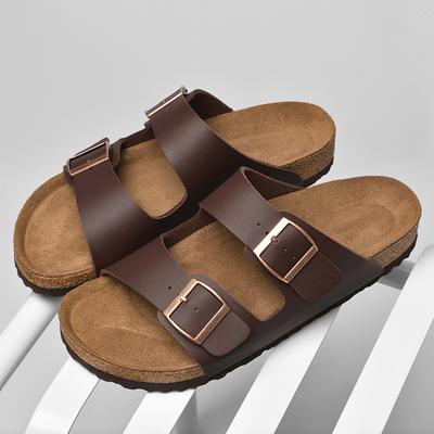 Mode Herren Weiche Flats Bequeme Sohle Hausschuhe Sommer Strandsandalen Klassische Doppelknopf-Hausschuhe Leder Weich Laufen Halbschlepp