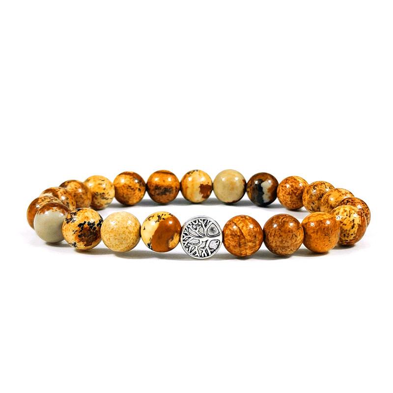 Unisex Painted Stone  Wood Slice Black Glitter Elastic Bracelet with Life Tree Design 8mm-19cm
