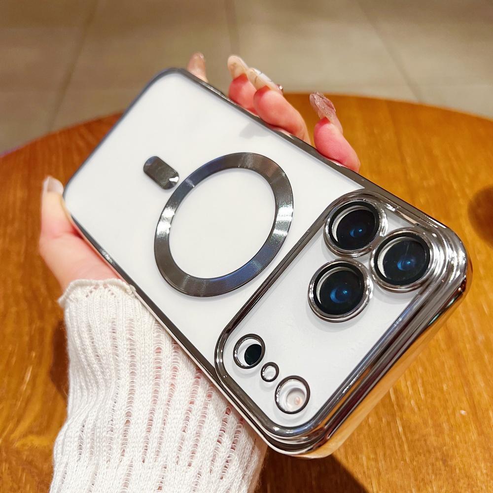 

Роскошный силиконовый чехол с гальваническим покрытием для IPhone 17 16 15 14 Plus 13 12 11 ProMax, магнитная беспроводная зарядка, защитная крышка для камеры iPhone 15 Pro Max серебряный