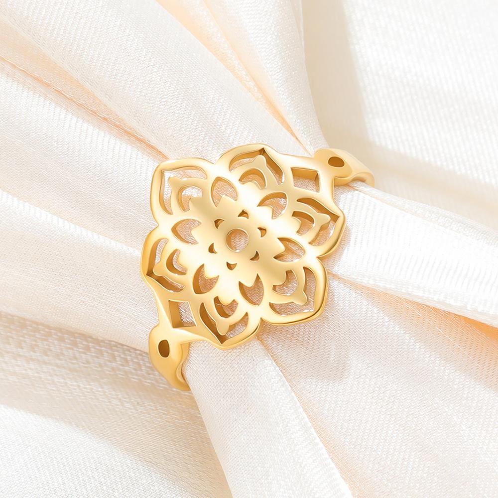 Dawapara Sacred Geometry Mandala Ring Lotus Flower Adjustable Women Ring Stainless Steel Buddhist Yoga Jewelry Spiritual Gift