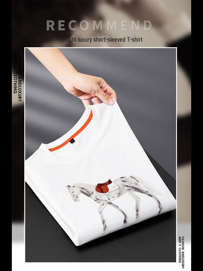 European Light Luxury Embroidered Warhorse Men's Ice Silk T-Shirt – Short-Sleeved, Breathable, Round Neck, Trendy Summer Style