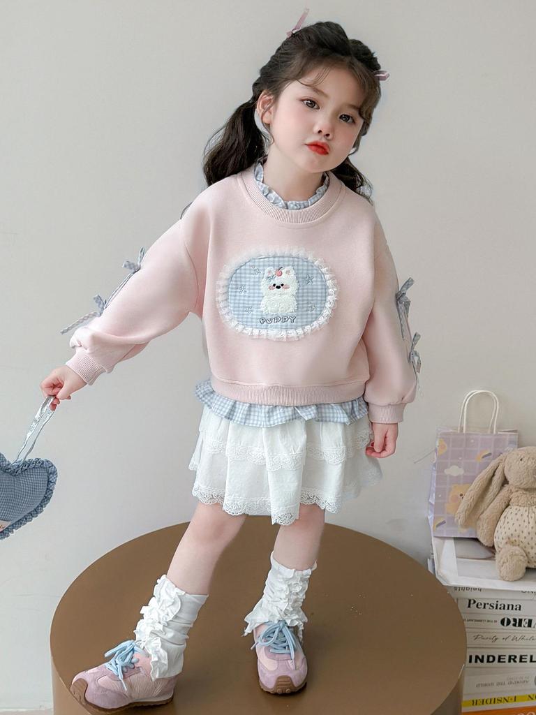 Cartoon-Sweatshirt für Mädchen mit Rundhalsausschnitt - Trendiger koreanischer Stil 2025, Frühling/Herbst, Vielseitiges Freizeit-Oberteil für kleine Mädchen