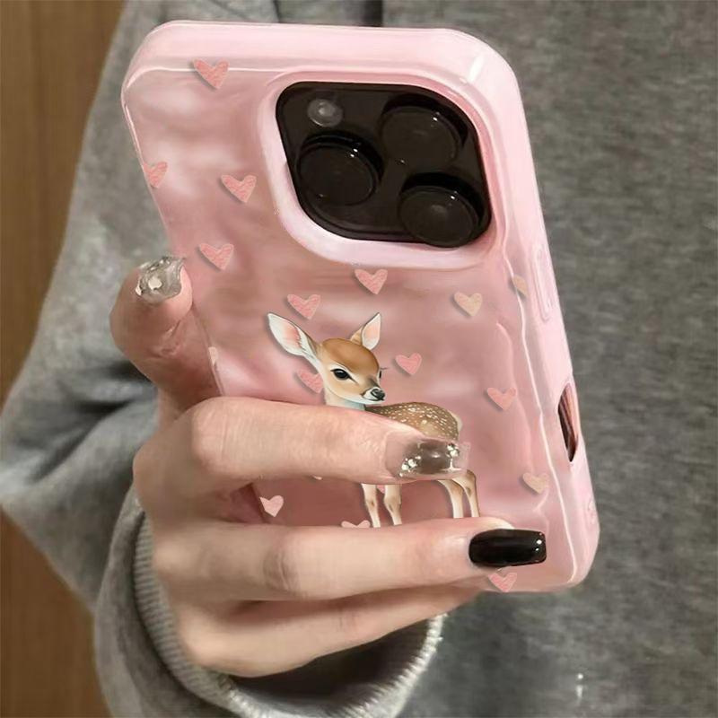 

Pink Love Heart Cute Deer Pattern Phone Case For iPhone 17 16 15 14 13 12 11 Pro Max Plus Air 16E Shockproof Folds Texture Cover iPhone 12 Pro