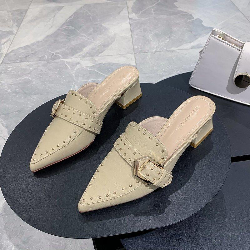 Fashion Women's Baotou Slippers Spring New Pointed Head Shallow Mouth Rivets Metal Buckle Anti-slip Wear-resistant High Heels