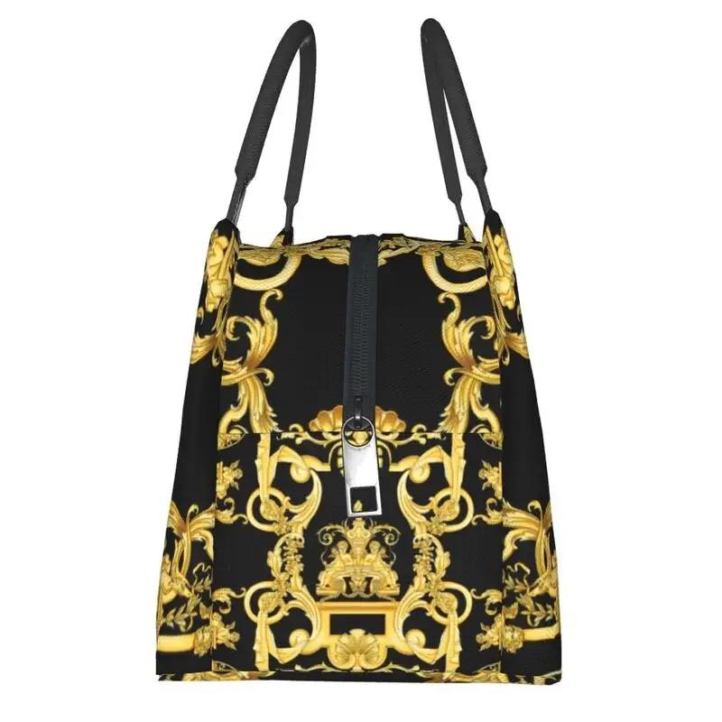 Luxury Golden Europe Floral Insulated Lunch Bag for Work Office Leakproof Thermal Cooler Lunch Box Women