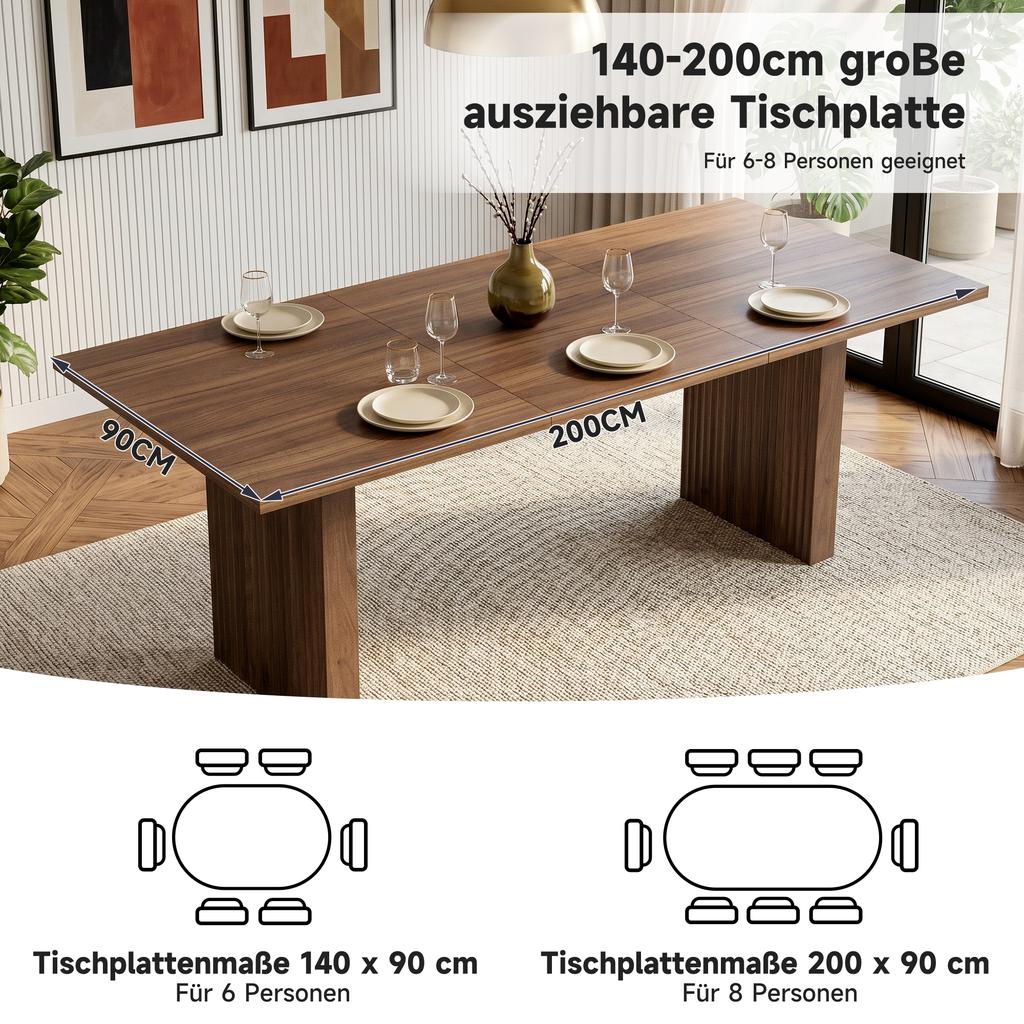 Extendable Dining Table 140/200 * 90 cm, Suitable for 6–8 People, Rectangular Table Top, Thickened Table Top, Simple Style, Walnut