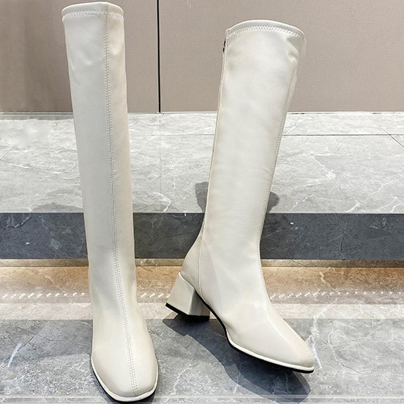 Knee High Boots Women Fleece Chunky High Heels Back Zipper Thigh High Boots PU Leather Shoes Fashion Winter Long Boots