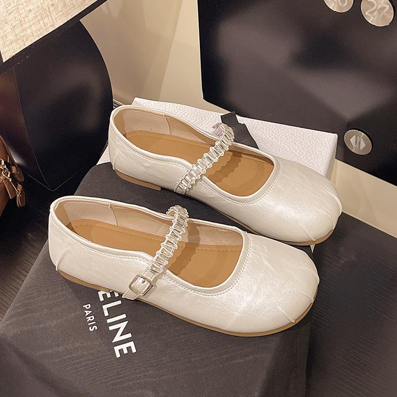 

French niche soft sole with silver Mary Jane shoes women s 2025 summer flat heel women s round head rhinestone shoes 35 бежевый