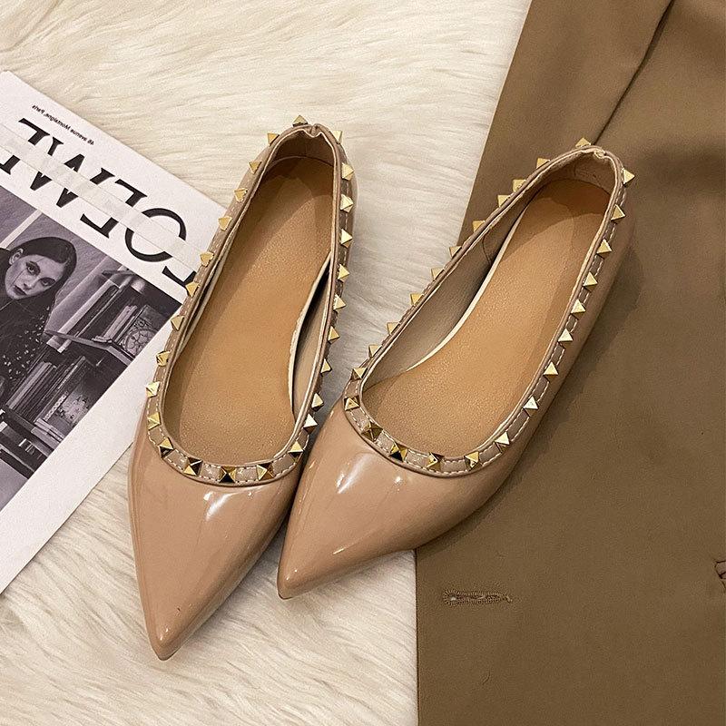 Soft Leather French Inner Heightening Temperament Pointed Single Shoes Women's New Summer Flat-bottomed Rivets Soft-soled Ladyshoes