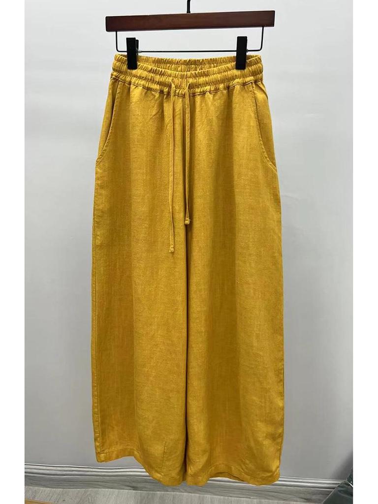 Spring Literary Linen Balloon Wide-Leg Pants - Women's Washed Cotton Nine-Point Loose Fit