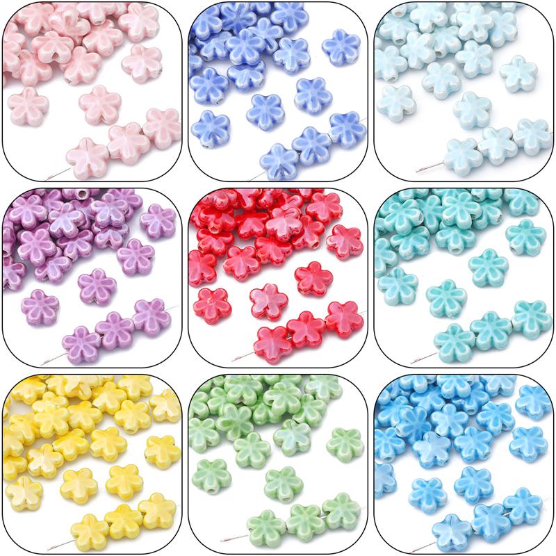 10pcs/Bag 12mm Handmade Colorful Flower Shape Ceramic Charm Beads Porcelain Spacer Beads for Bracelet Necklaces DIY Jewerlry Craft Making