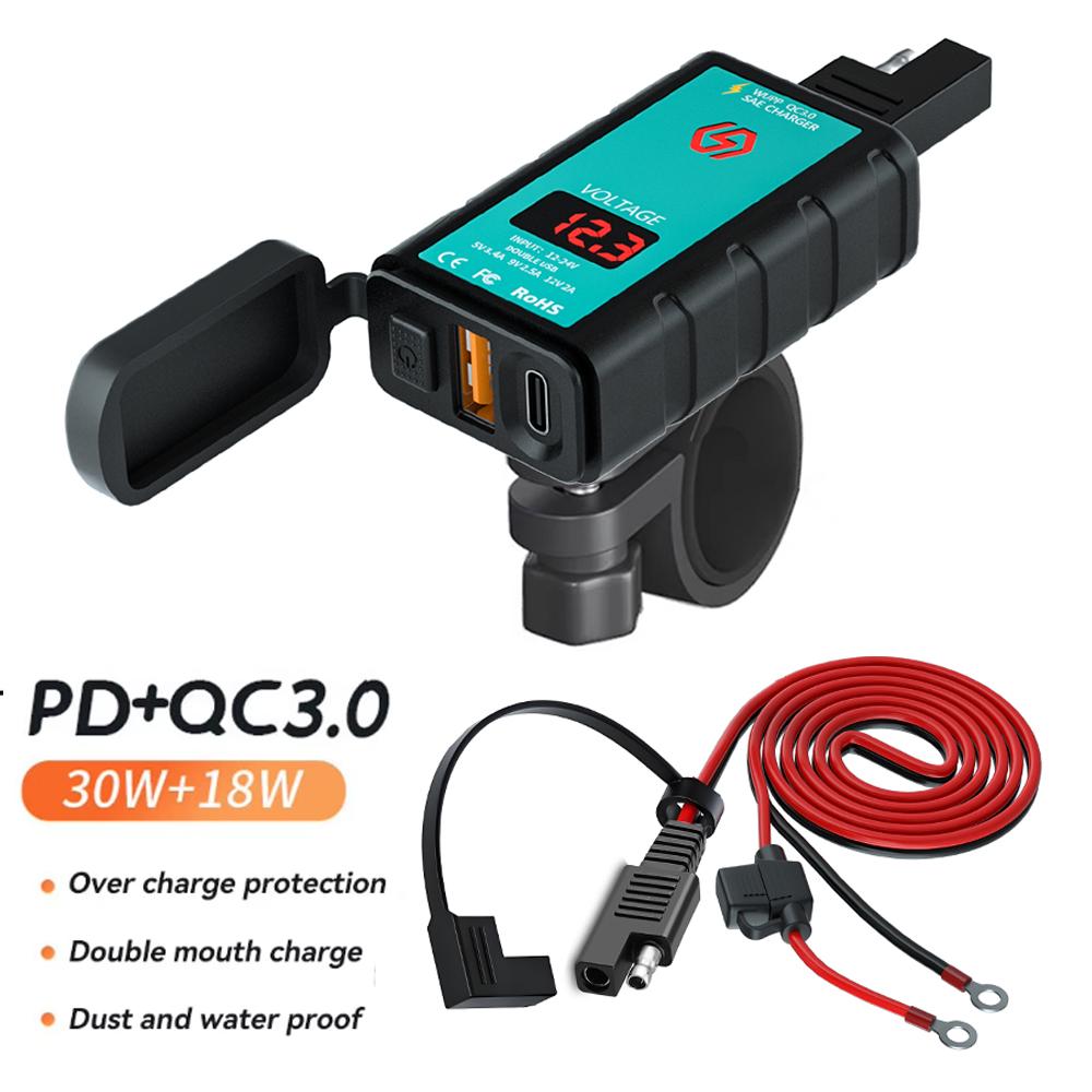 PD+QC3.0 Motorcycle Handlebar Phone Charger 48W 1.4m SAE To OT Cable USB Type-C Socket Voltmeter Waterproof with Switch Dual USB
