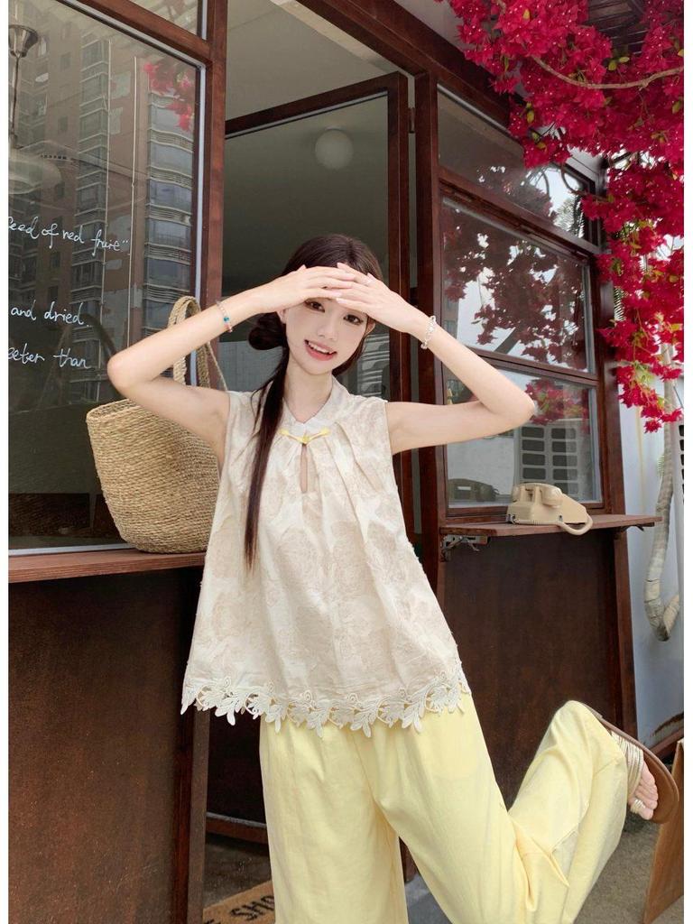 Women's Ethnic-Style Frog Button Crochet Top & Wide-Leg Pants Set - Summer 2026 Retro Fashion