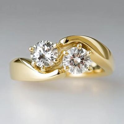 Huitan Minimalist Double Cubic Zirconia Gold Color Rings for Women Wedding Trend Accessory Temperament Female Engagement