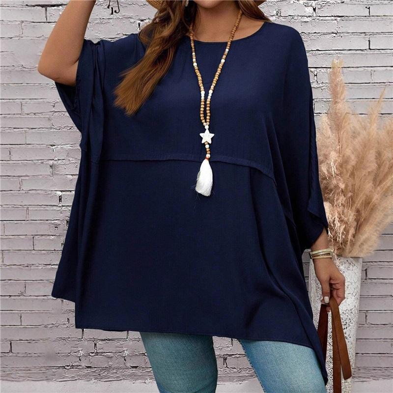 New Plus Size Women's Seven Quarter Sleeve Round Neck Top Made Of Polyester High Elasticity Loose Irregular T-shirt