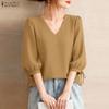 ZANZEA Women Casual V-Neck 3/4 Sleeve Loose Elegant Blouse