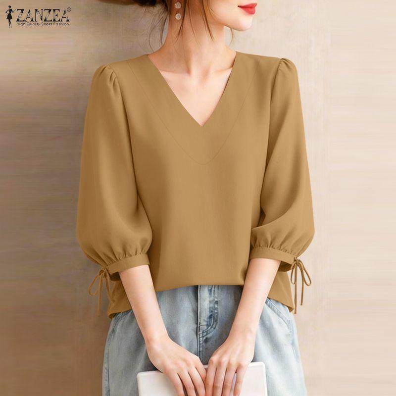 ZANZEA Women Casual V-Neck 3/4 Sleeve Loose Elegant Blouse