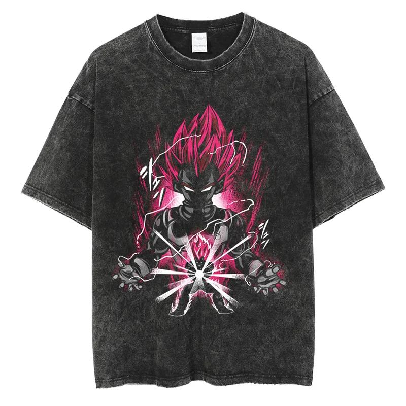 Men Fashion Tshirt Washed Black Vintage Japanese Anime Dragon Ball TShirt Hip Hop Streetwear Summer Cotton T Shirt Unisex