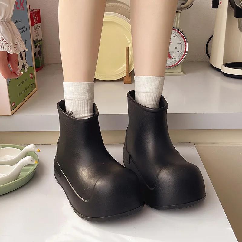 

Fashionable Thick Heel Waterproof Rain Boots Women s Big Head Clown Style Short Tube Anti-slip Shoes Comfortable All-Weather Foo 35-36 чёрный